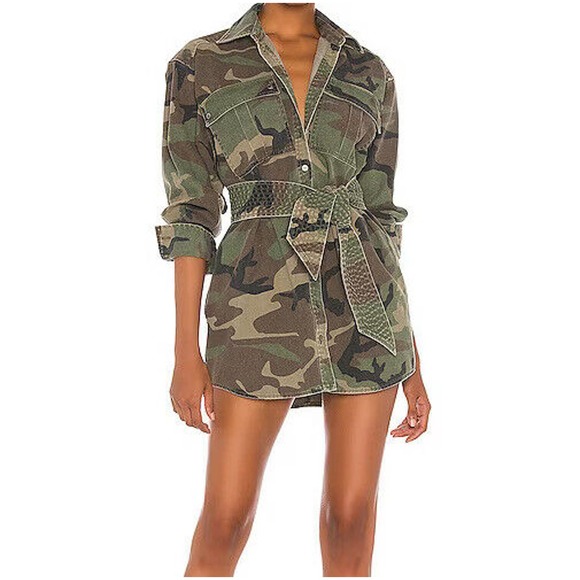 Marissa Webb Skylar Dress Women's Size XS Camo Collared Long Sleeves Front Tie